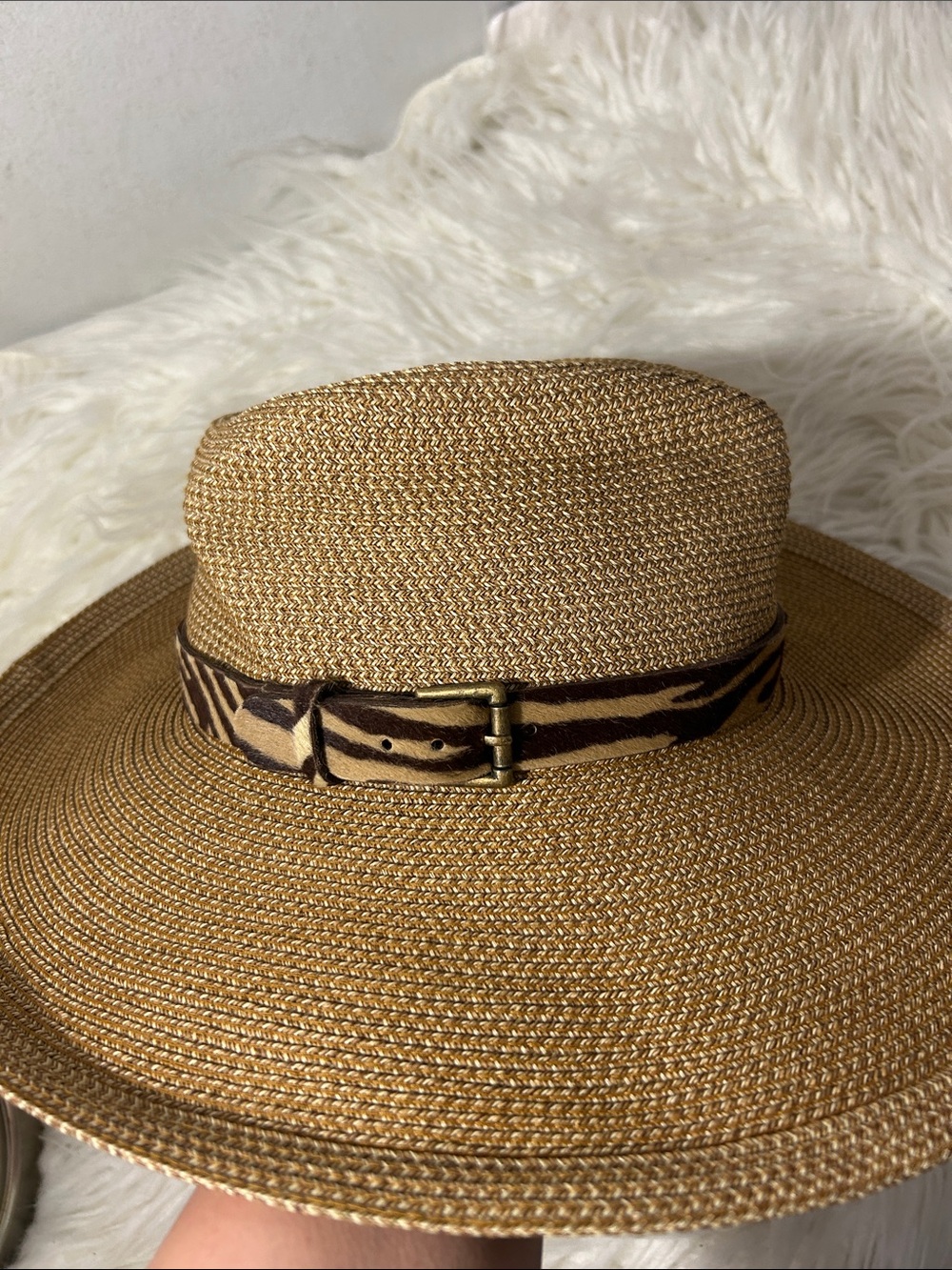 RARE Eric Javits Woven Straw Sun Hat with Animal Print Band tan